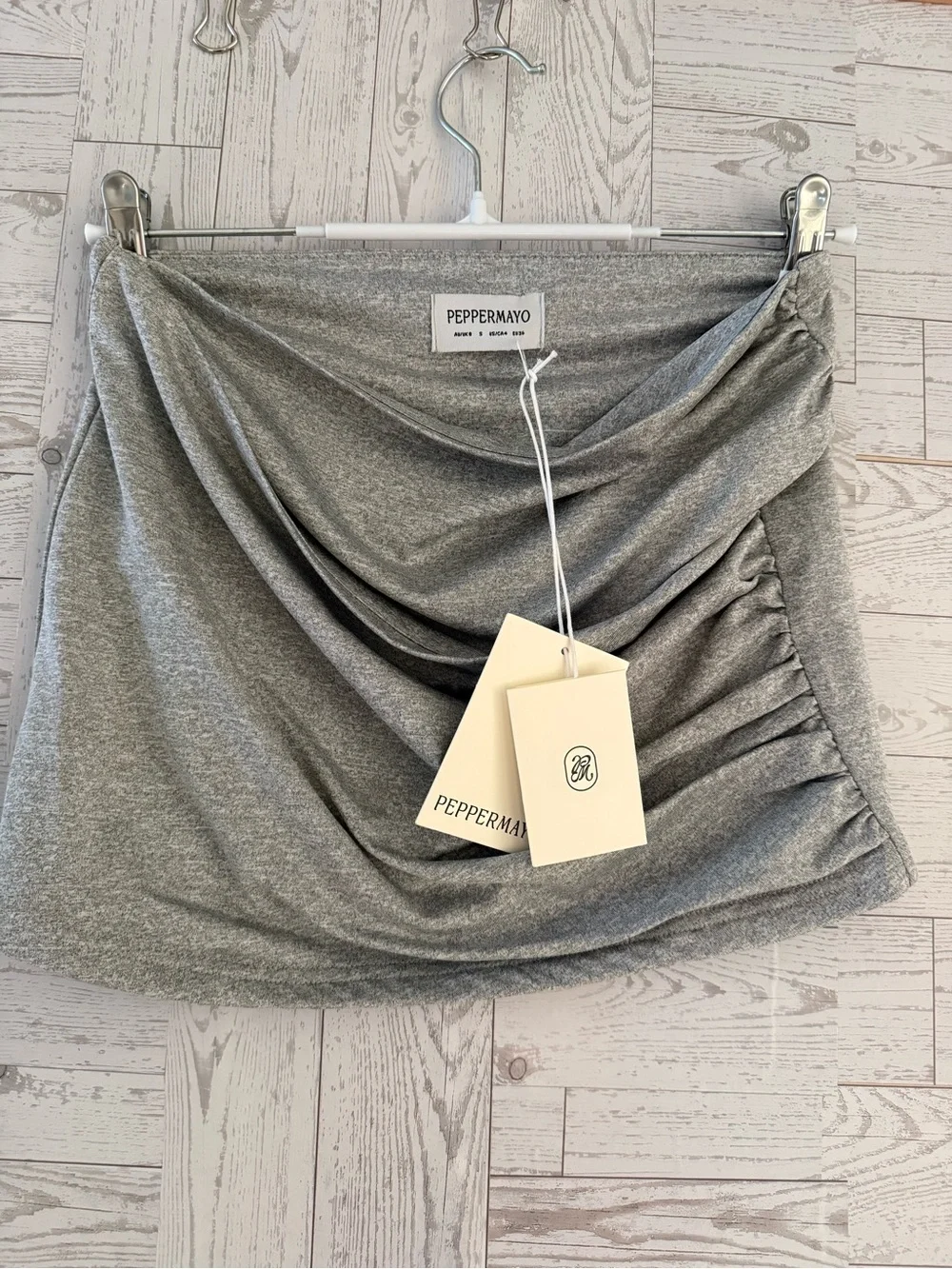 Peppermayo Gray Ruched Draped Amia Mini Skirt NWT
